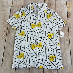 Pokemon Short Sleeve Button Shirt AOP Pikachu White Black Kids Youth Medium